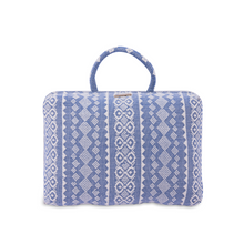 Load image into Gallery viewer, Hazel Inabel Blue Ribbon Laptop Pillow made from traditional Abel Iloco handloomed fabric with a faux suede non-slip top and convenient handle for easy portability.