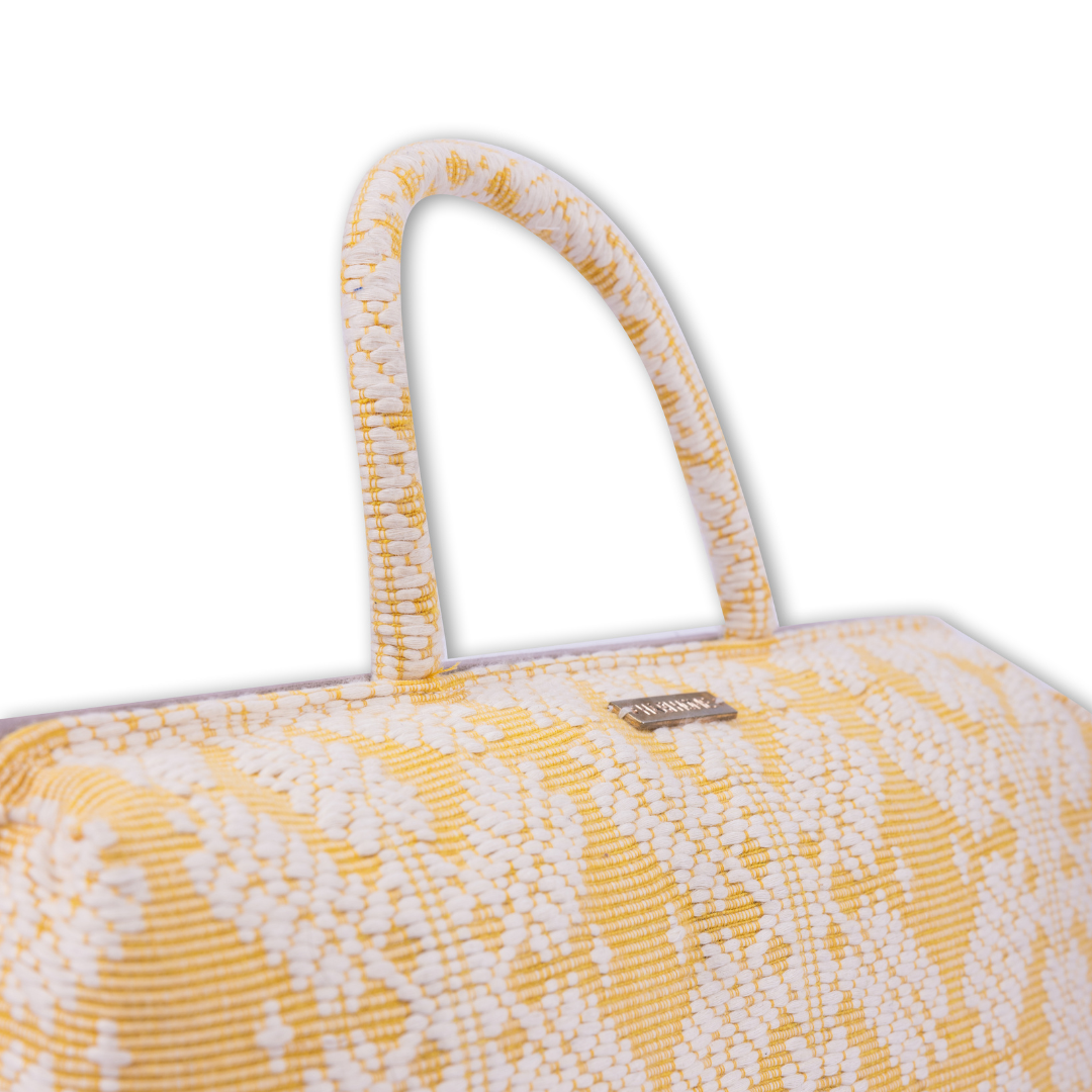 Hazel Inabel Citron Snowflake Laptop Pillow made from traditional Abel Iloco handloomed fabric with a faux suede non-slip top and convenient handle for easy portability.