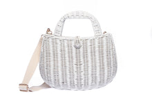 Load image into Gallery viewer, Handwoven Abi Wicker White Rattan Shoulder Bag with adjustable cotton strap and brass hardware, made by artisans in the Philippines. Sustainable and stylish.