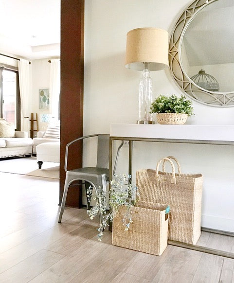 Alex Rectangle Basket, handwoven from 100% natural plant fiber, ideal for organizing kitchens, living rooms, bedrooms, and bathrooms.