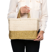 Load image into Gallery viewer, Golden Hour Tote – Stylish handwoven abaca shopper bag with polka dot cotton lining and leather trim, perfect for summer outings and beyond.