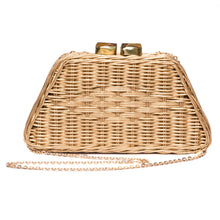 Load image into Gallery viewer, Golden Plateau Wicker Clutch – Handwoven wicker bag with brass chain and cat's eye stones, offering timeless elegance for any occasion.