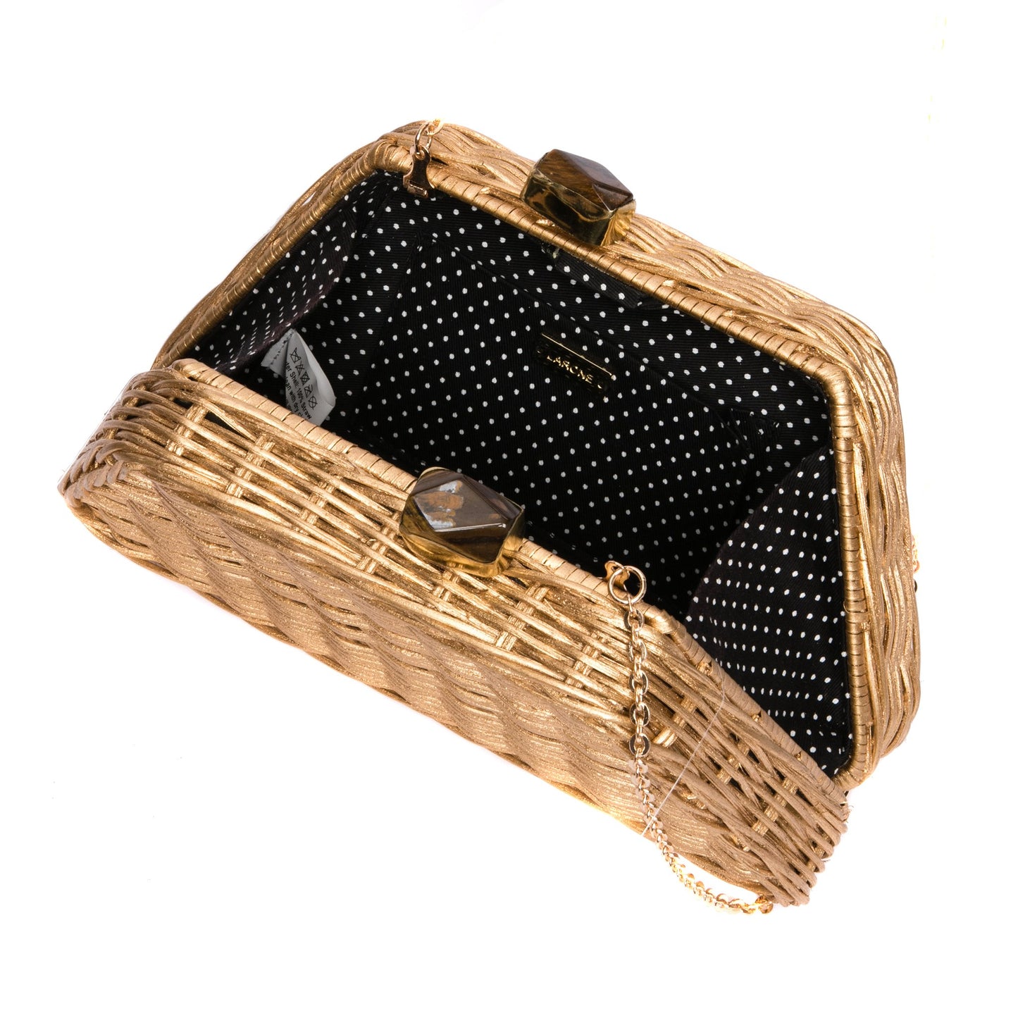 Golden Plateau Wicker Clutch – Handwoven wicker bag with brass chain and cat's eye stones, offering timeless elegance for any occasion.