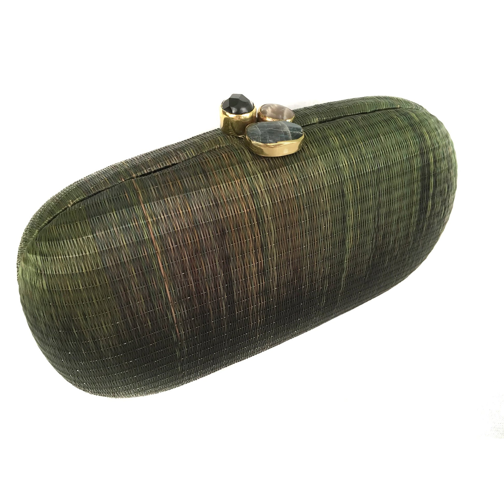 Grass is Greener Oval Hard Case Purse – Handwoven Buri fiber purse with agate stones wrapped in brass, featuring a brass chain strap for versatile styling.