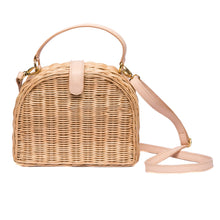 Load image into Gallery viewer, Half Moon Wicker Purse – Handwoven natural wicker bag with soft nude leather strap and magnetic closure, perfect for everyday wear.