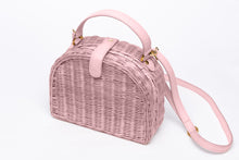 Load image into Gallery viewer, Half Moon Wicker Purse Blush Pink – Handwoven natural wicker bag with soft nude leather strap and magnetic closure, perfect for everyday wear.