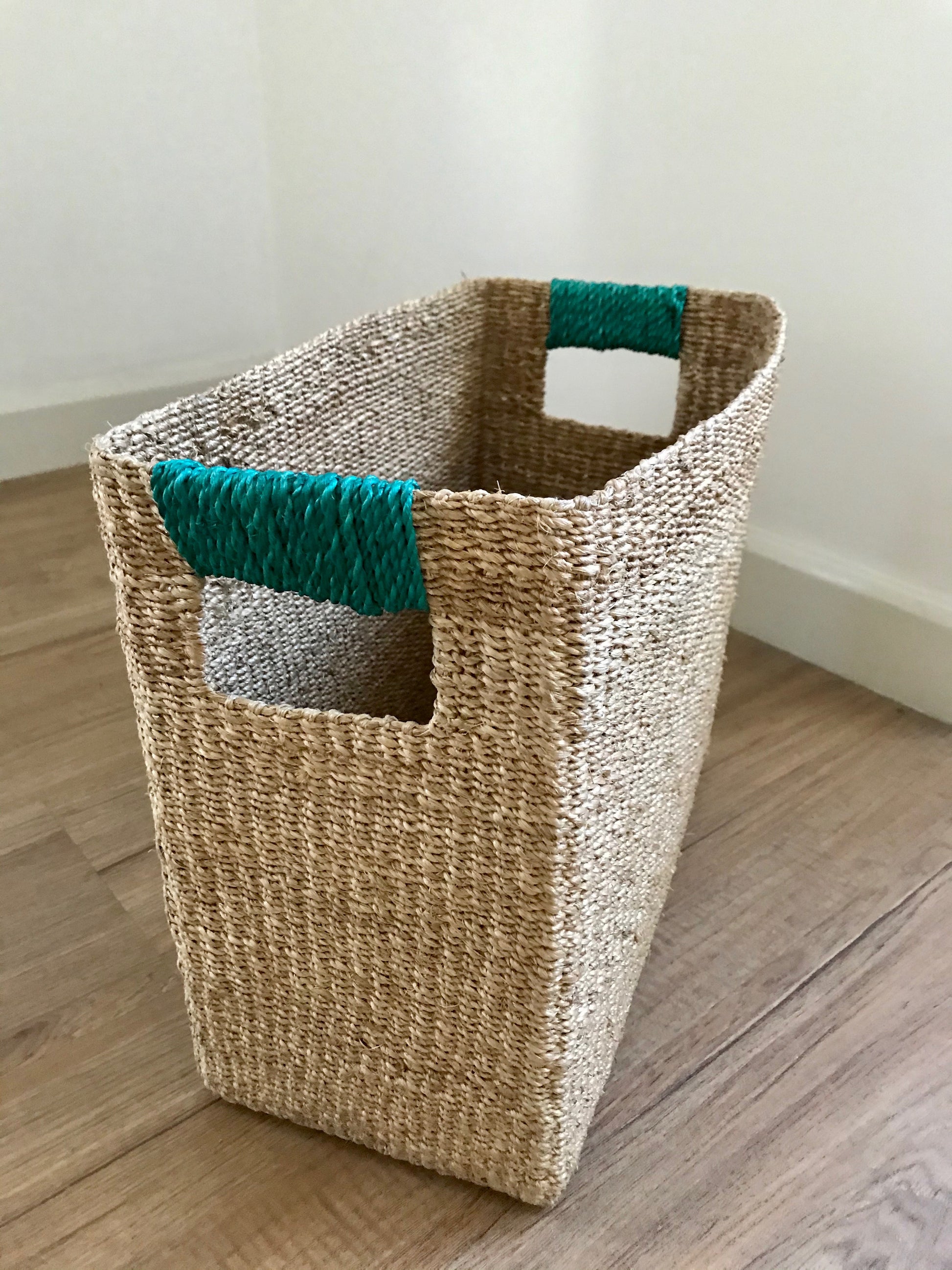 Alex Rectangle Basket, handwoven from 100% natural plant fiber, ideal for organizing kitchens, living rooms, bedrooms, and bathrooms.