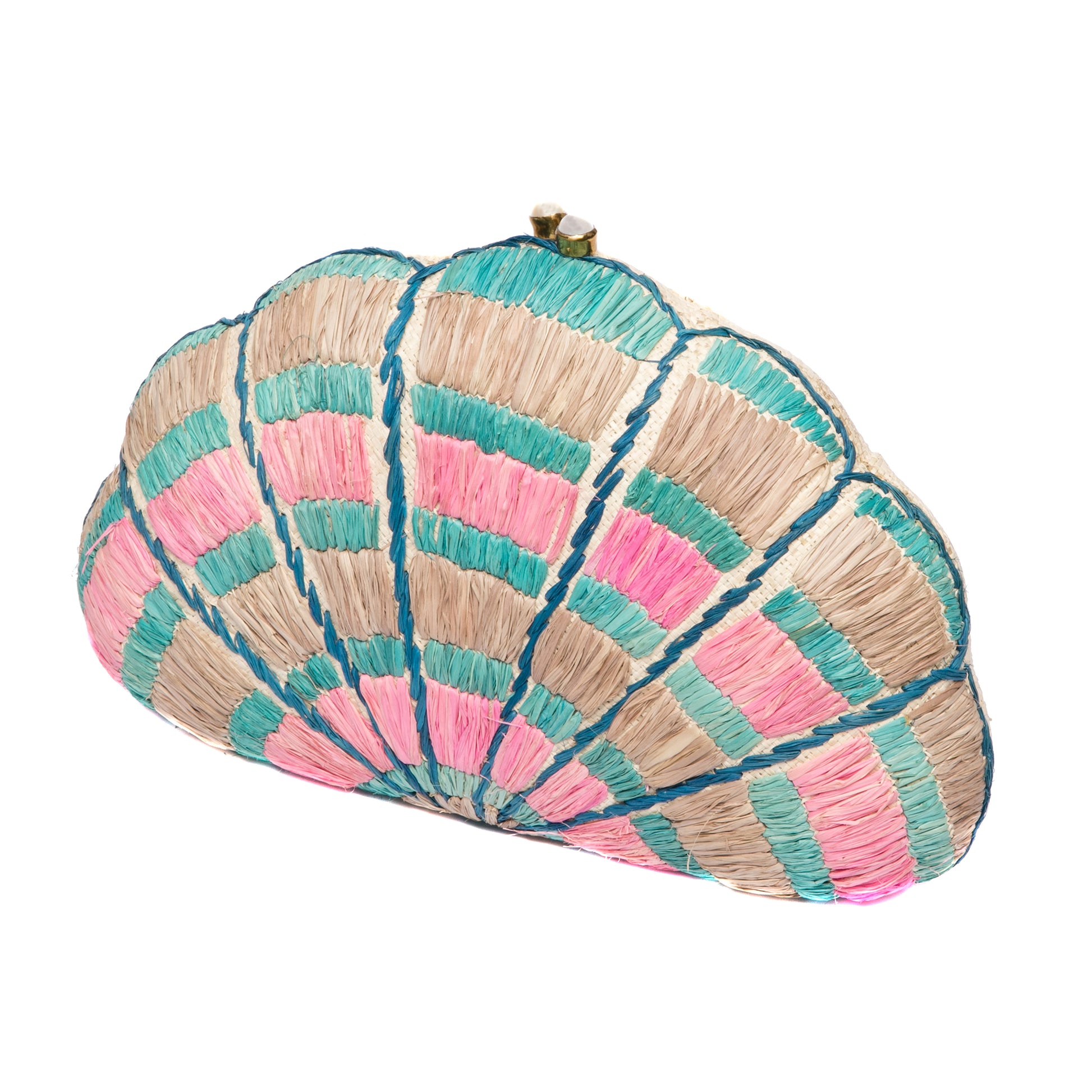 Seashell Karuna Rainbow Clutch, hand-loomed raffia body with hand embroidery, adorned with freshwater pearls wrapped in brass, and a versatile brass drop-in chain strap.
