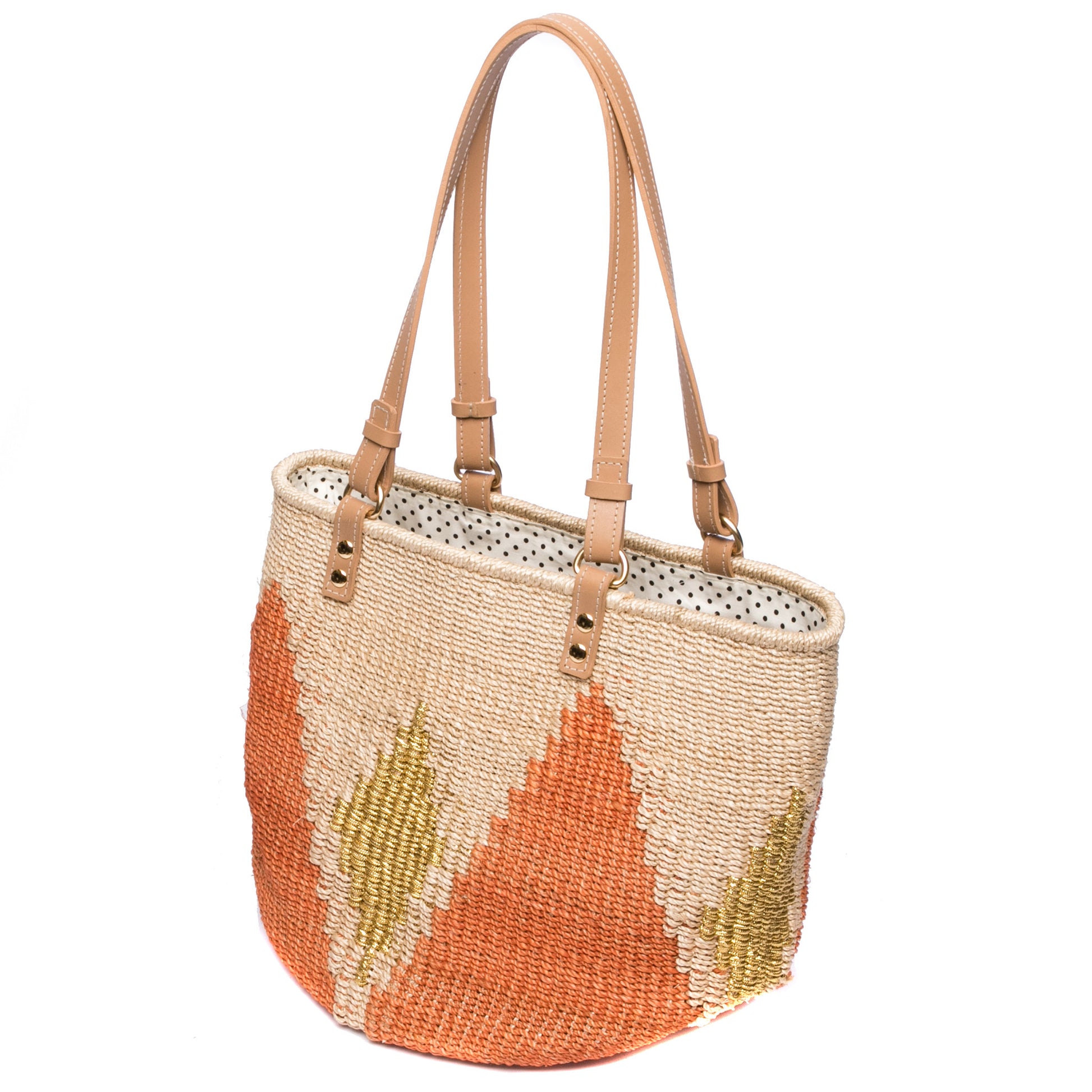 Sunrise Rae Tote, made from natural plant fibers and gold-colored polyester cord, with cow leather handles for durability and style.