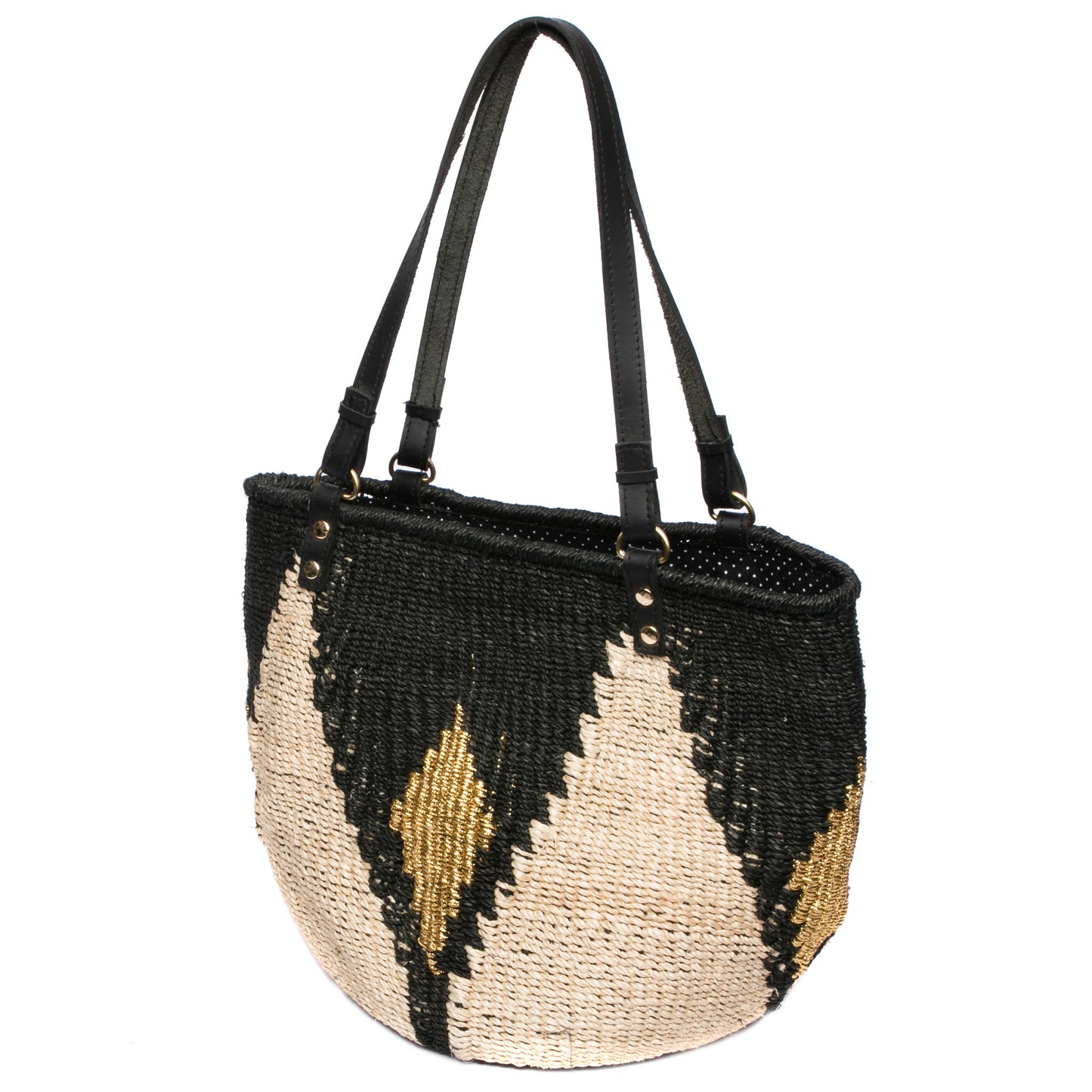 Sunset Rae Tote made from natural plant fibers and gold polyester cord with leather handles, offering a stylish and sustainable option for daily use.