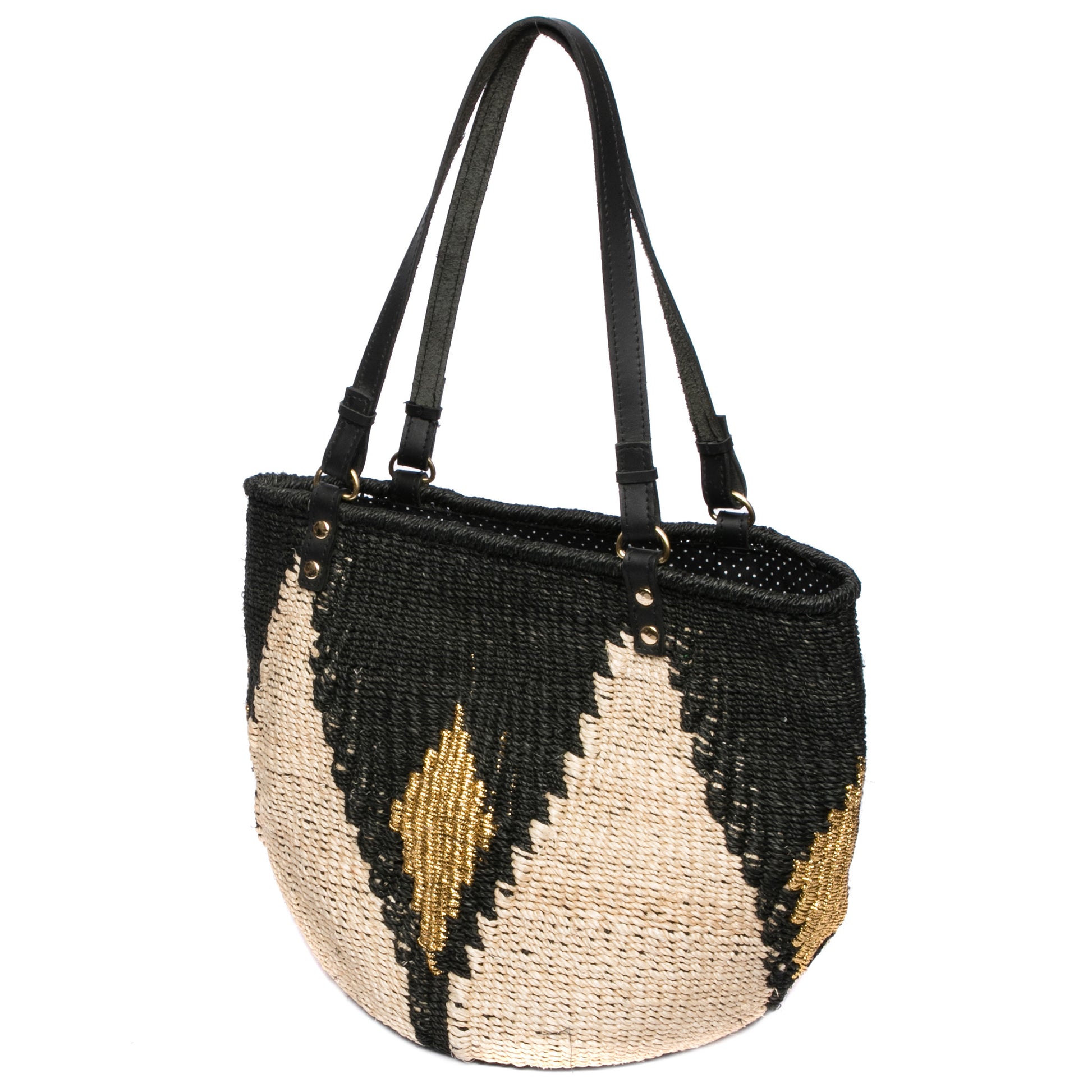 Sunset Rae Tote made from natural plant fibers and gold polyester cord with leather handles, offering a stylish and sustainable option for daily use.