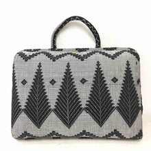 Load image into Gallery viewer, Hazel Inabel Black Feather Laptop Pillow made from traditional Abel Iloco handloomed fabric with a faux suede non-slip top and convenient handle for easy portability.