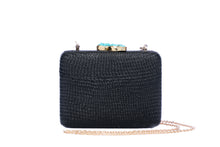 Load image into Gallery viewer, Iris Black Woven Clutch made from sustainable plant fibers, featuring a turquoise stone accent, brass drop-in chain strap, and fully lined interior for an eco-friendly and elegant look.