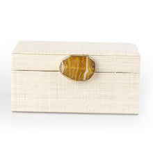 Load image into Gallery viewer, Karuna Raffia Jewelry Box crafted from handwoven natural plant fiber raffia with an agate stone accent capped in hand-tooled brass, perfect for stylish and eco-friendly jewelry storage.