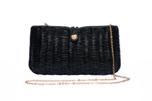 Load image into Gallery viewer, Myra Wicker Clutch Black handwoven from rattan with a brass chain strap and lined with linen and cotton, perfect for both day and night wear.