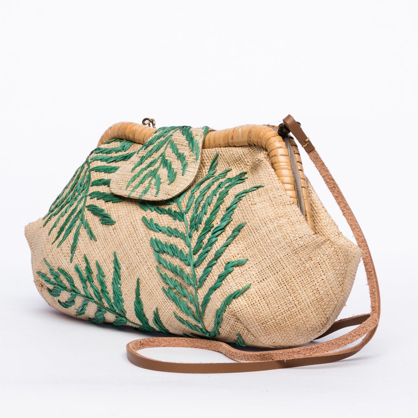 Palm Leaves Signature Larone Purse, handwoven from raffia with embroidered daisies and a rattan frame, featuring a leather strap for a sustainable, chic accessory.