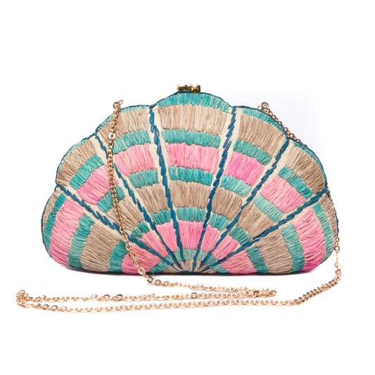 Seashell Karuna Rainbow Clutch, hand-loomed raffia body with hand embroidery, adorned with freshwater pearls wrapped in brass, and a versatile brass drop-in chain strap.