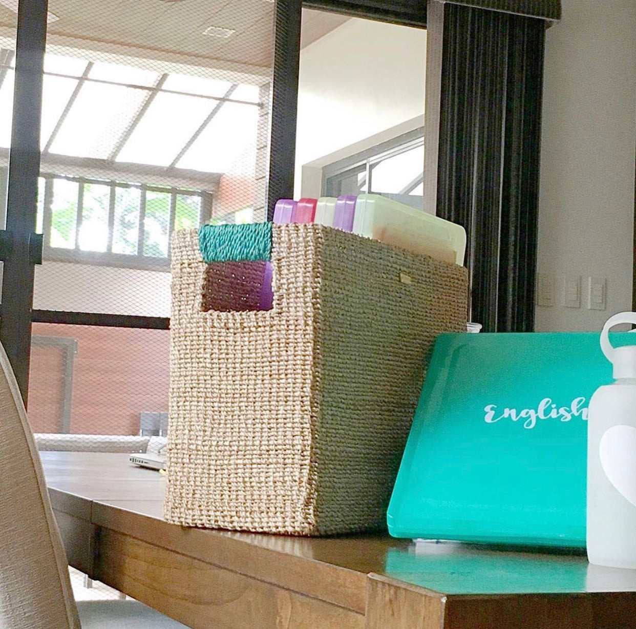 Alex Rectangle Basket from Habi Home Shop - Durable, eco-friendly basket made from 100% natural plant fiber, ideal for organizing homeschool materials, kitchen items, books, toys, and bathroom essentials in a stylish, sustainable way.