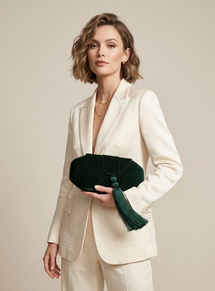 A woman wearing a cream-colored blazer and matching trousers holds a dark green velvet clutch with a tassel against a warm beige studio background.