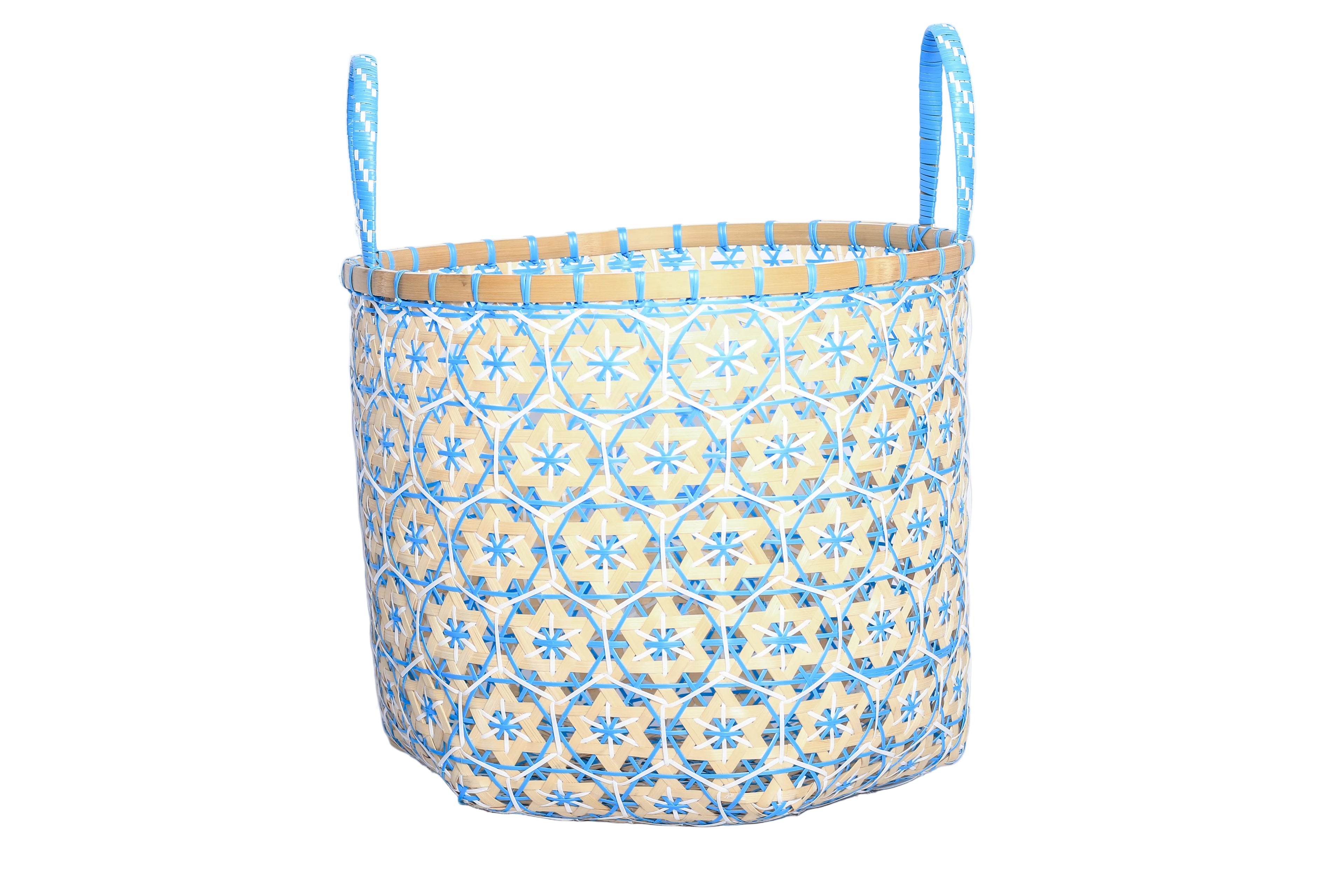 Faustina Blue Festive Star Laundry Hamper crafted from 100% natural plant fiber, featuring a celestial star motif that transforms a functional item into a decorative accent. Durable and eco-friendly, this hamper enhances your living space while supporting sustainable craftsmanship.