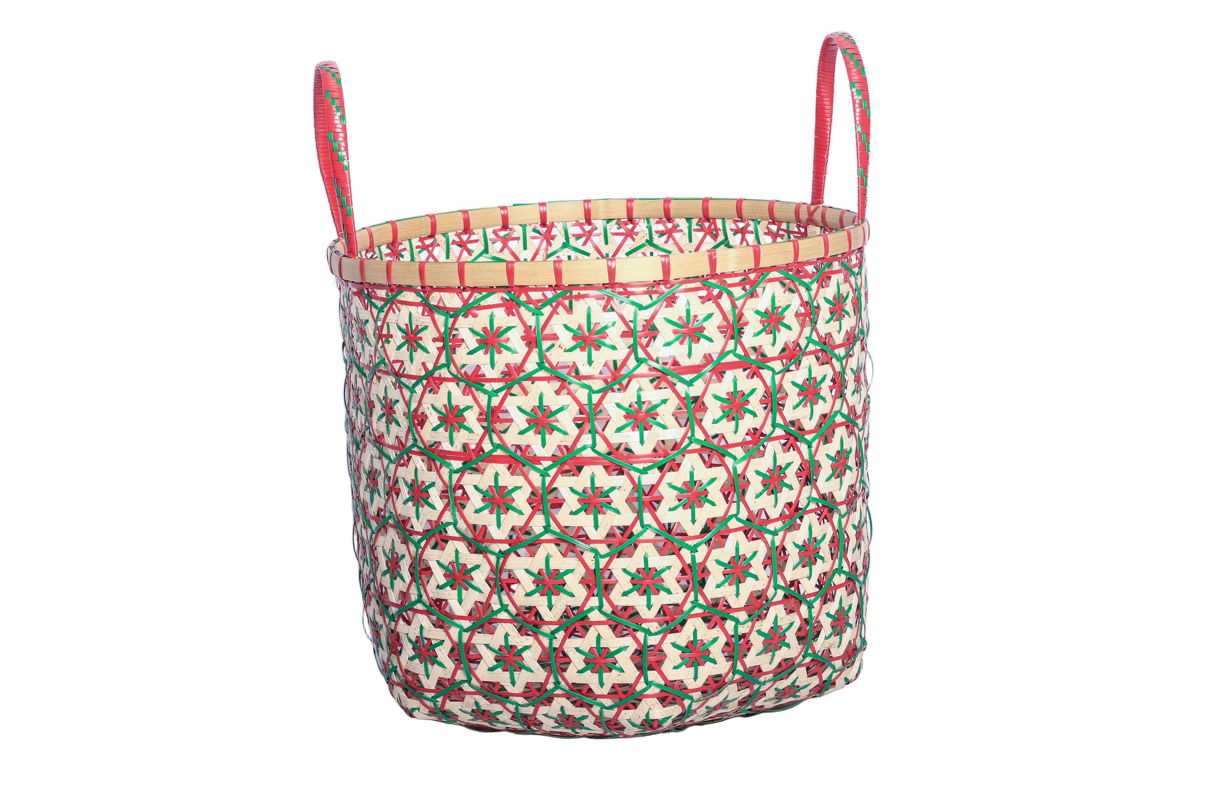 Faustina Red Festive Star Laundry Hamper crafted from 100% natural plant fiber, featuring a celestial star motif that transforms a functional item into a decorative accent. Durable and eco-friendly, this hamper enhances your living space while supporting sustainable craftsmanship.