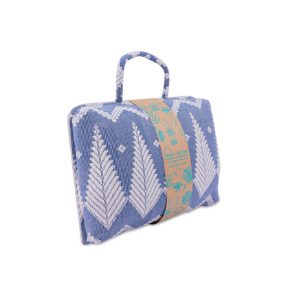 Hazel Inabel Blue Feather Laptop Pillow made from traditional Abel Iloco handloomed fabric with a faux suede non-slip top and convenient handle for easy portability.