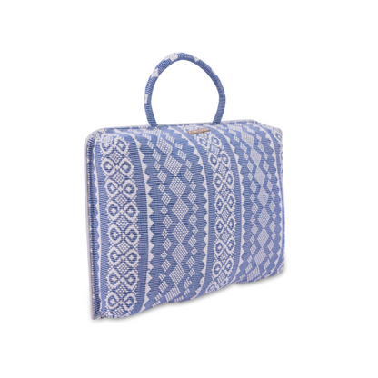 Hazel Inabel Blue Ribbon Laptop Pillow made from traditional Abel Iloco handloomed fabric with a faux suede non-slip top and convenient handle for easy portability.