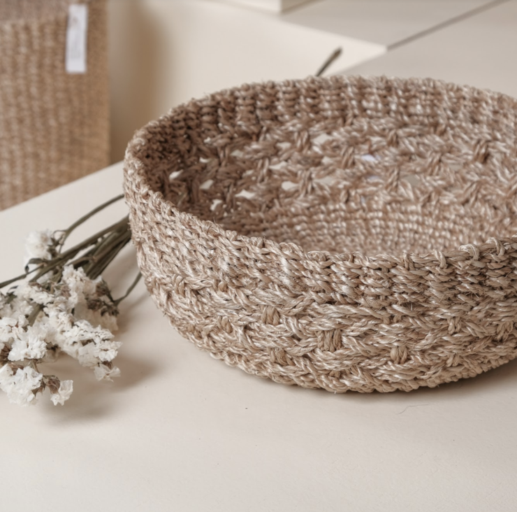 Handwoven Myra Catch All made from 100% natural plant fiber, ideal for organizing daily essentials, jewelry, kitchen spices, and vanity items. A stylish, eco-friendly storage solution for a clutter-free home.
