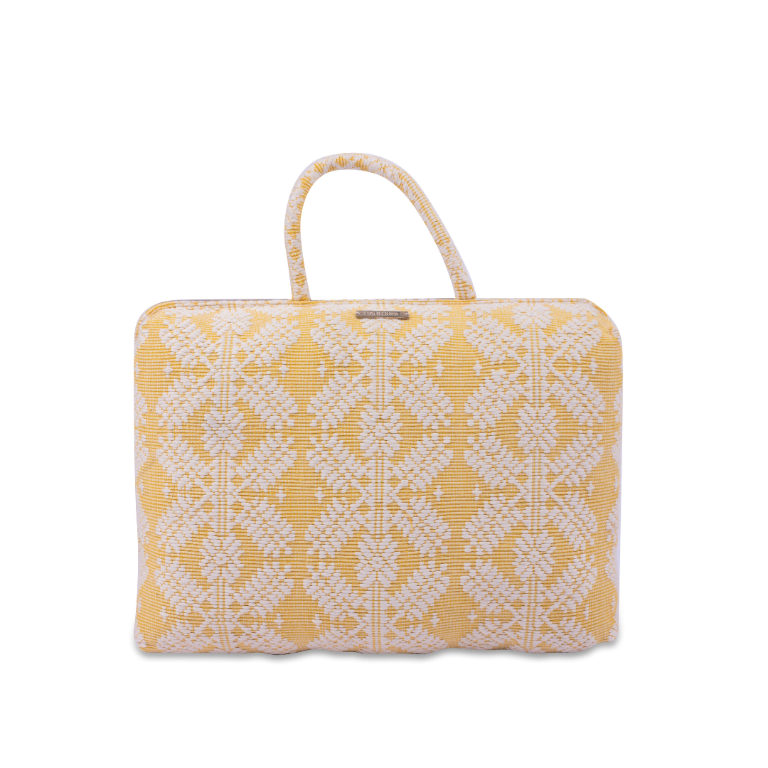 Hazel Inabel Citron Snowflake Laptop Pillow made from traditional Abel Iloco handloomed fabric with a faux suede non-slip top and convenient handle for easy portability.