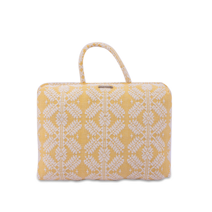 Hazel Inabel Citron Snowflake Laptop Pillow made from traditional Abel Iloco handloomed fabric with a faux suede non-slip top and convenient handle for easy portability.