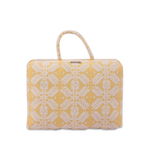 Load image into Gallery viewer, Hazel Inabel Citron Snowflake Laptop Pillow made from traditional Abel Iloco handloomed fabric with a faux suede non-slip top and convenient handle for easy portability.
