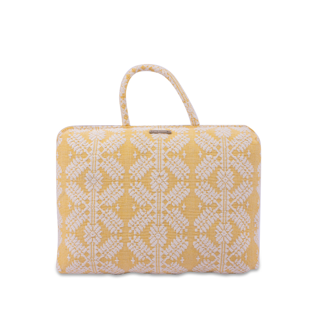 Hazel Inabel Citron Snowflake Laptop Pillow made from traditional Abel Iloco handloomed fabric with a faux suede non-slip top and convenient handle for easy portability.