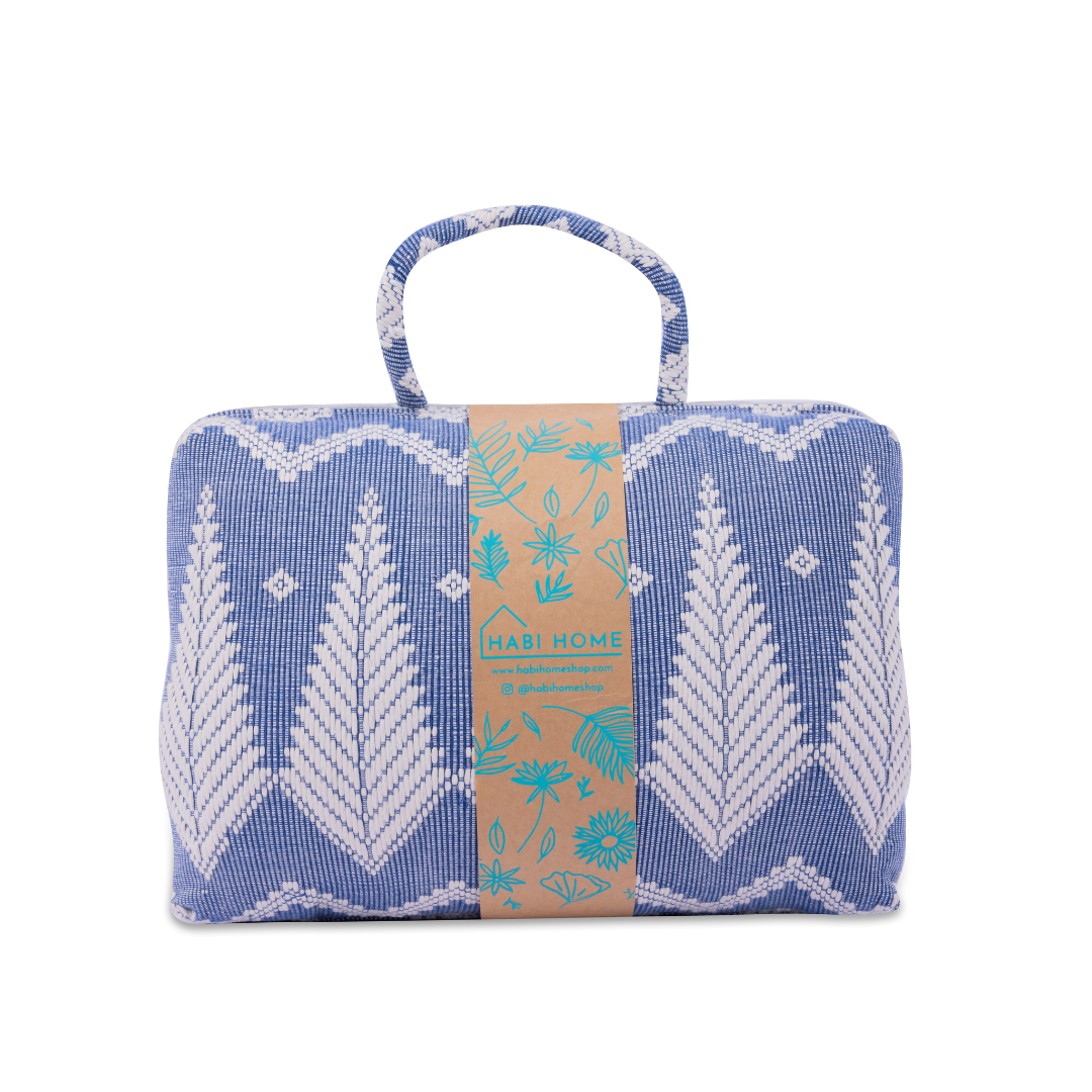 Hazel Inabel Blue Feather Laptop Pillow made from traditional Abel Iloco handloomed fabric with a faux suede non-slip top and convenient handle for easy portability.