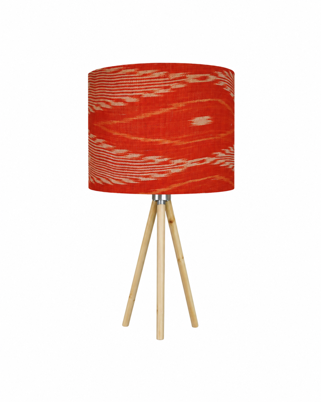 Handwoven Orange Ikat Tripod Table Lamp – Modern Bohemian Wooden Desk Light
