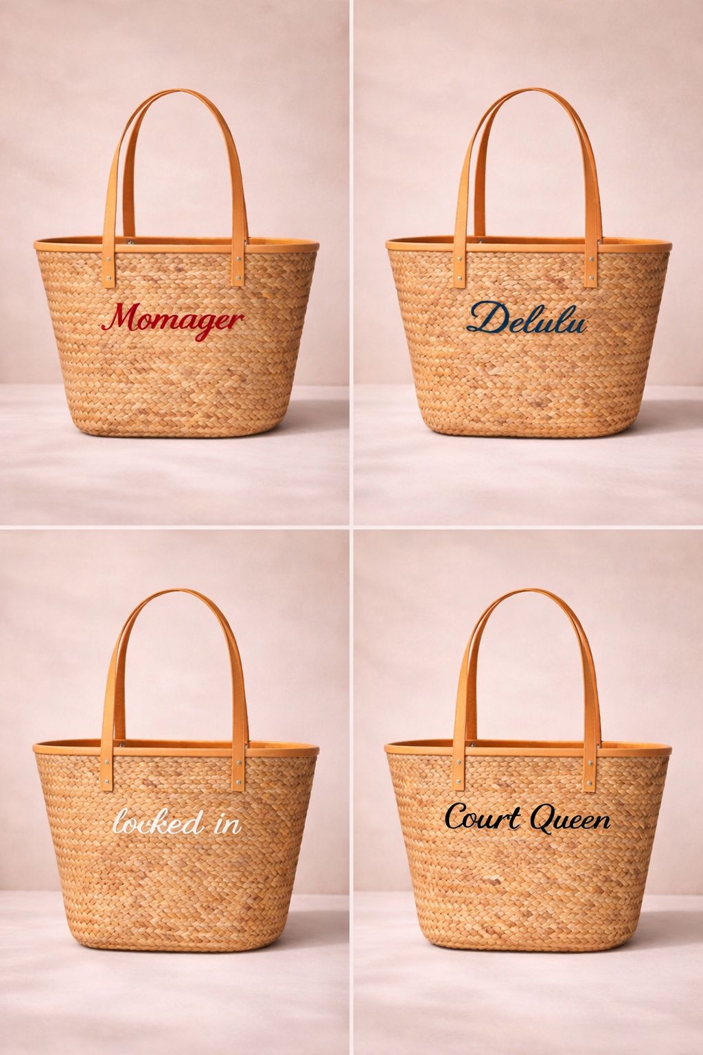 Four woven bags with embroidered text on a beige background