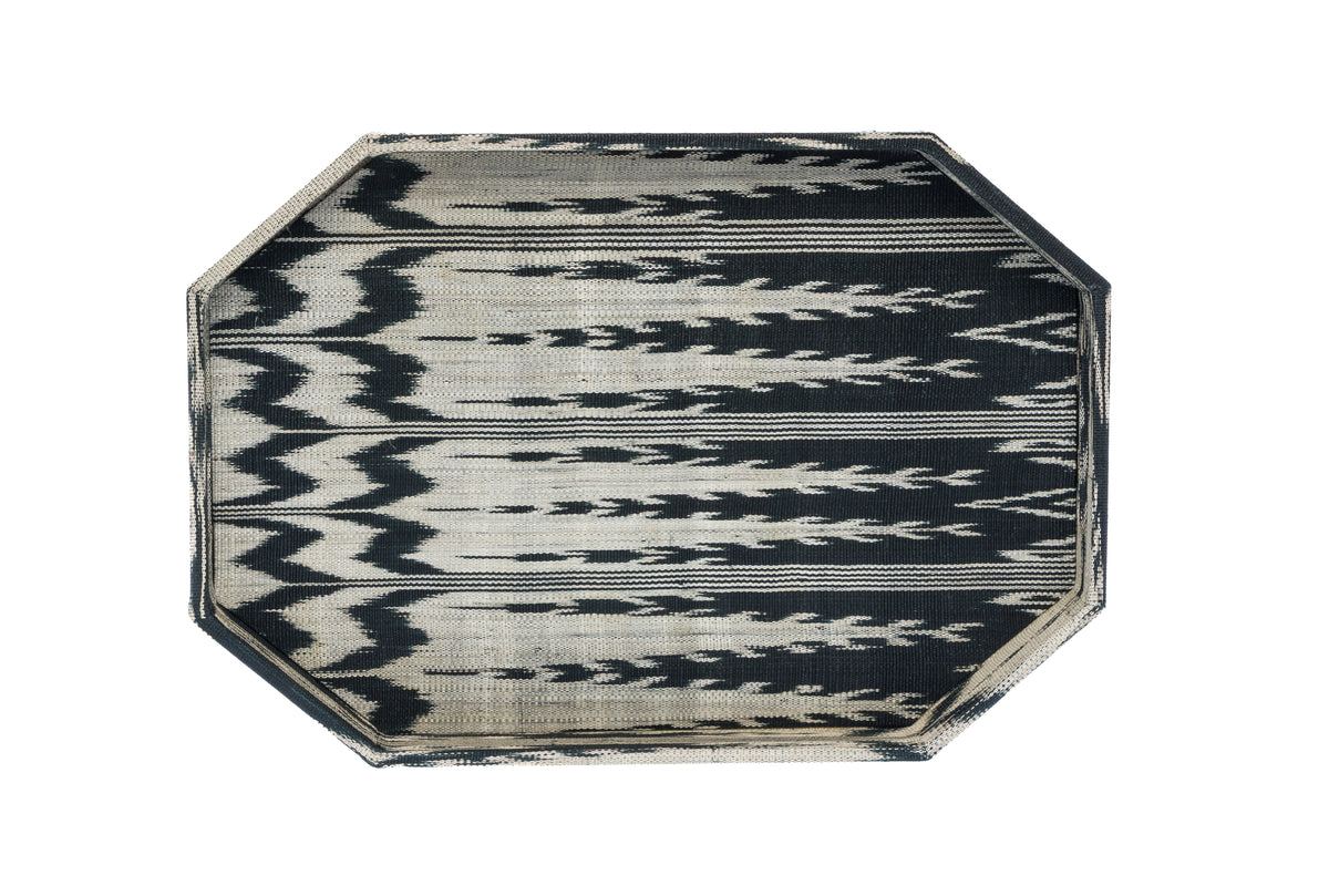 Black and Beige Ikat Octagonal Decorative Tray with Cutout Handles