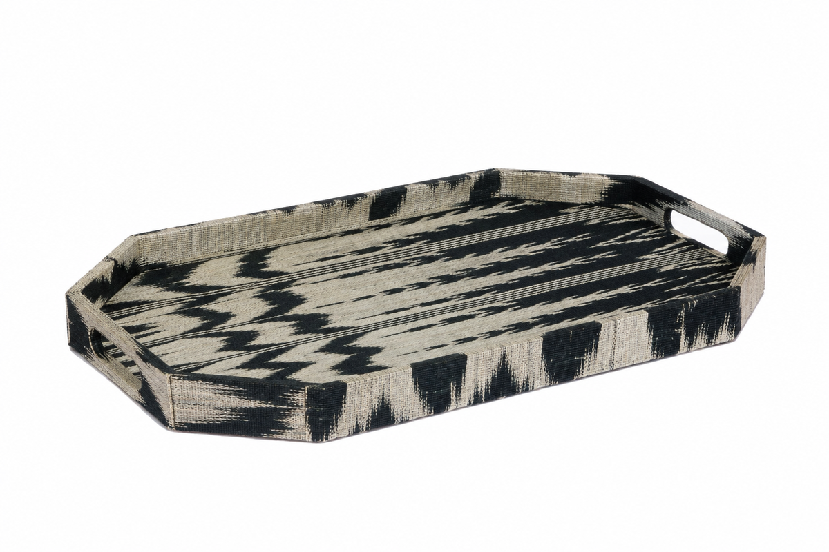 Black and Beige Ikat Octagonal Decorative Tray with Cutout Handles