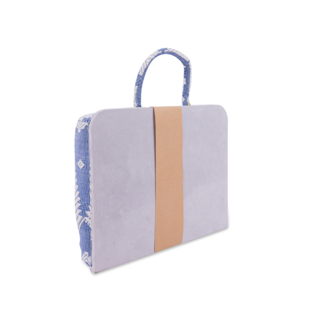 Hazel Inabel Blue Feather Laptop Pillow made from traditional Abel Iloco handloomed fabric with a faux suede non-slip top and convenient handle for easy portability.