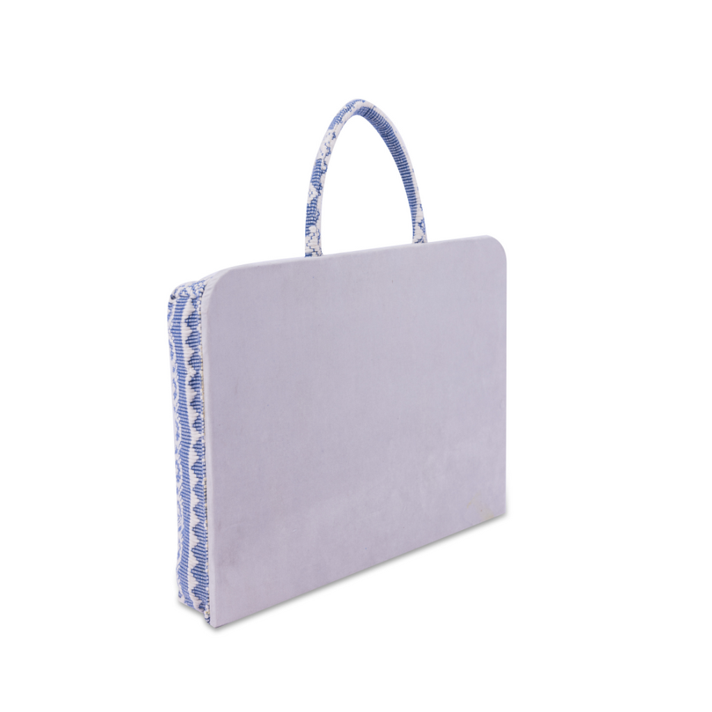 Hazel Inabel Blue Ribbon Laptop Pillow made from traditional Abel Iloco handloomed fabric with a faux suede non-slip top and convenient handle for easy portability.