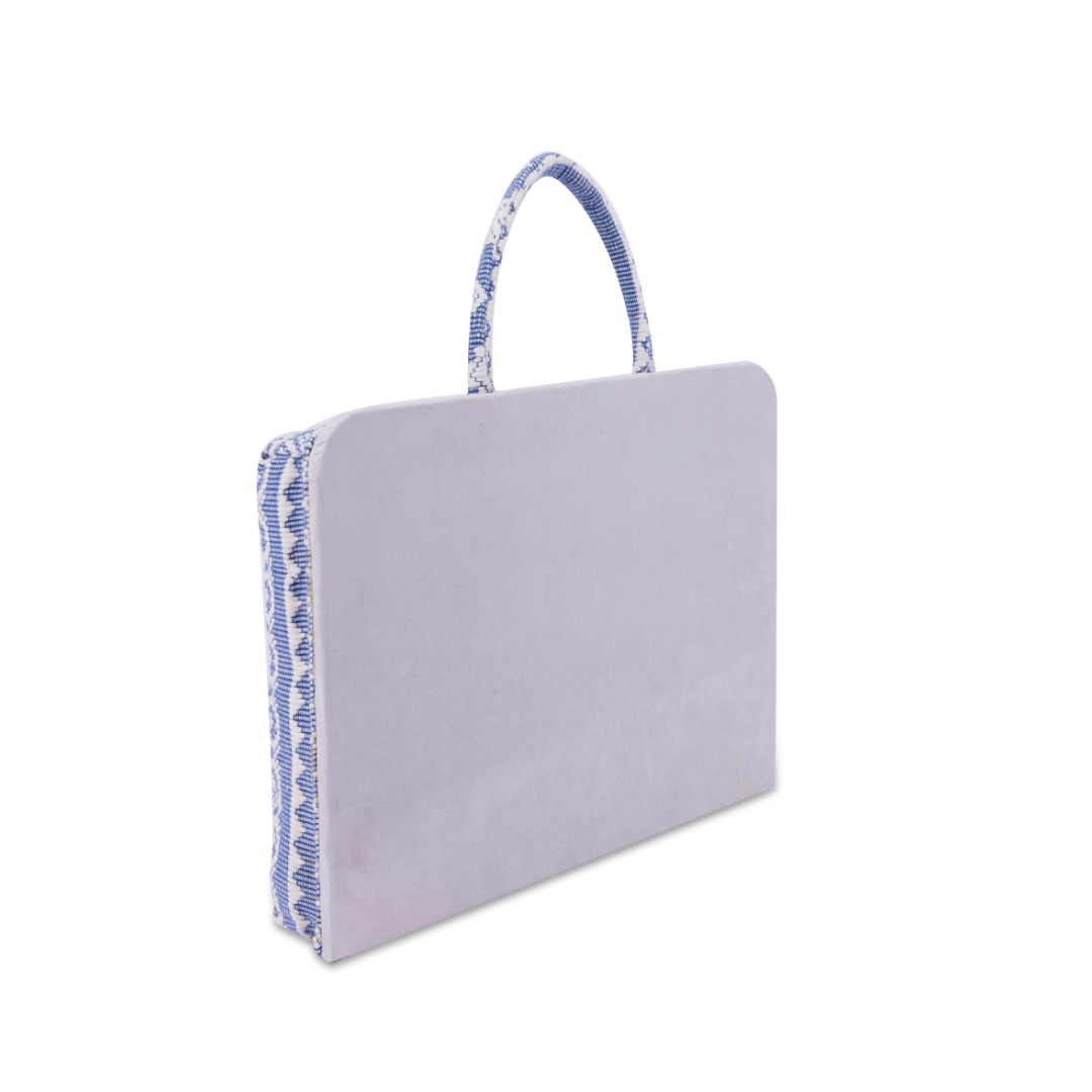 Hazel Inabel Blue Ribbon Laptop Pillow made from traditional Abel Iloco handloomed fabric with a faux suede non-slip top and convenient handle for easy portability.