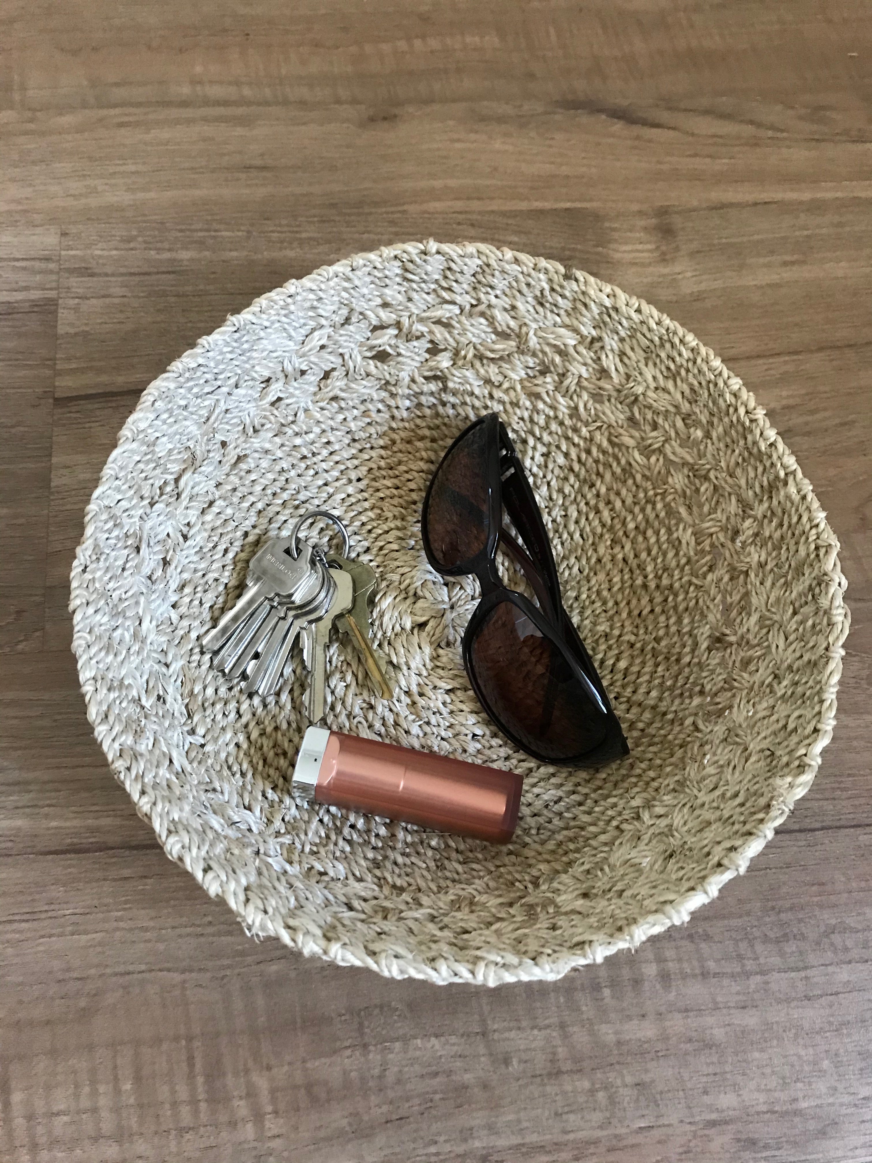 Handwoven Myra Catch All made from 100% natural plant fiber, ideal for organizing daily essentials, jewelry, kitchen spices, and vanity items. A stylish, eco-friendly storage solution for a clutter-free home.