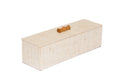 Beige woven storage box with a wooden handle on a white background