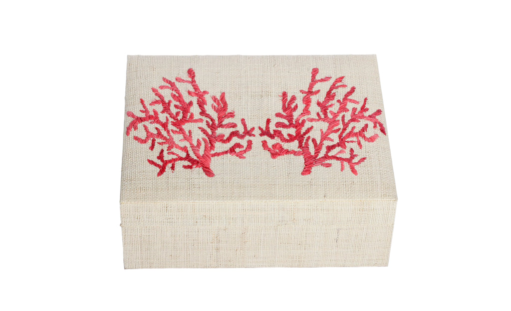 Store your jewelry in style with the Penelope Coral Red Embroidery Jewelry Box. Made from eco-friendly materials and featuring intricate embroidery, this sustainable box combines function and elegance for your vanity or dresser.