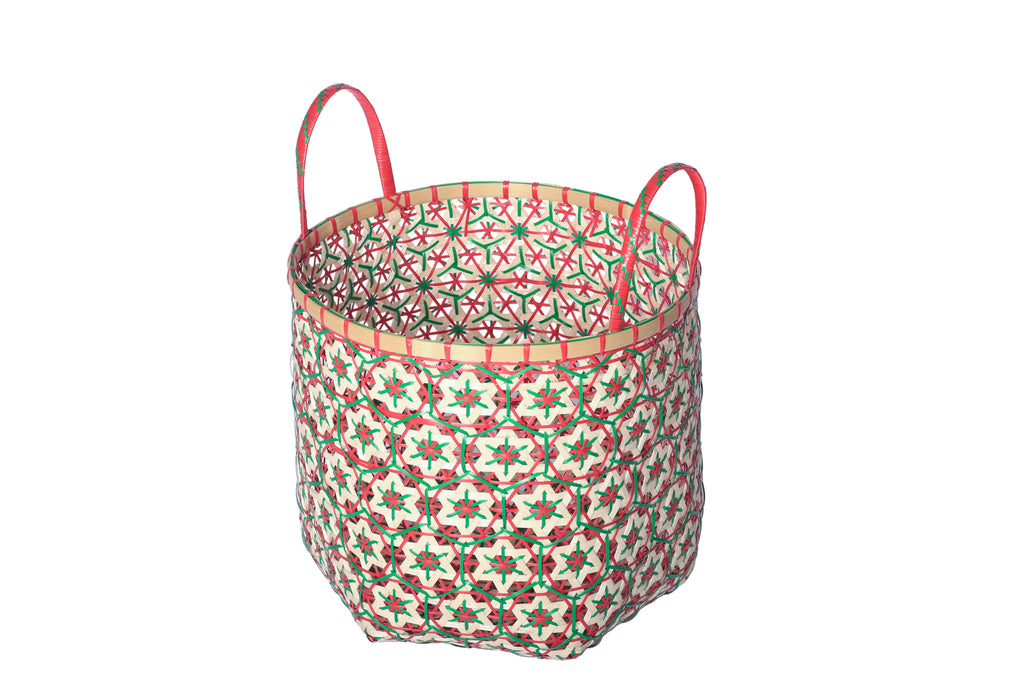 Faustina Red Festive Star Laundry Hamper crafted from 100% natural plant fiber, featuring a celestial star motif that transforms a functional item into a decorative accent. Durable and eco-friendly, this hamper enhances your living space while supporting sustainable craftsmanship.