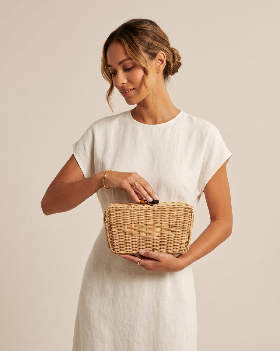 A woman in a white linen dress holds a rectangular woven straw clutch bag against a plain beige background.