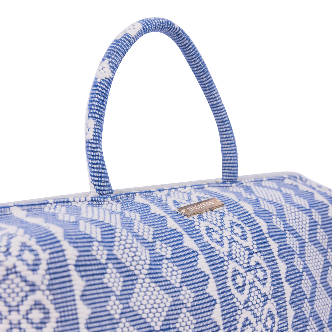 Hazel Inabel Blue Ribbon Laptop Pillow made from traditional Abel Iloco handloomed fabric with a faux suede non-slip top and convenient handle for easy portability.