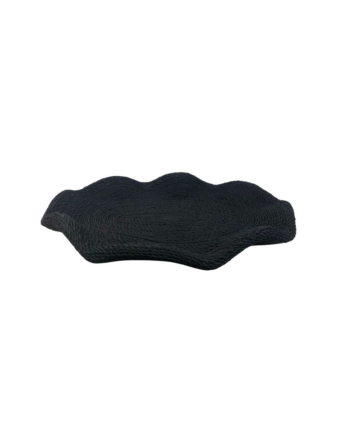 Front angle view of the Elara black woven decorative tray with a wavy scalloped edge on a white background.