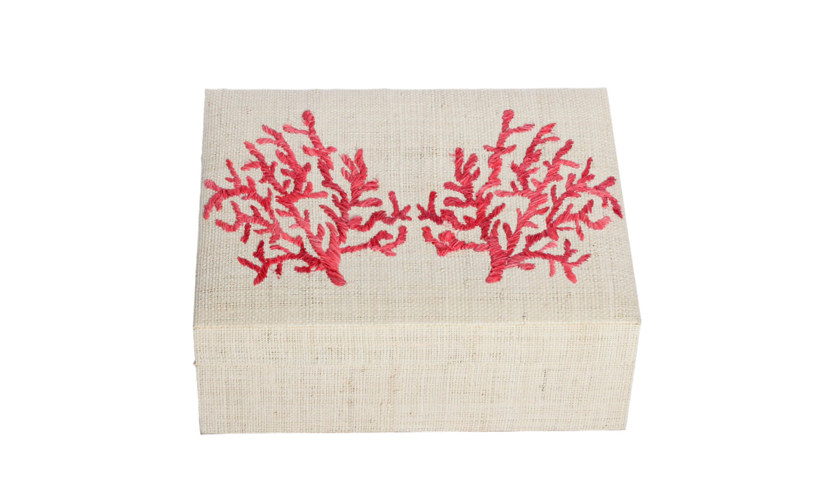 A rectangular beige linen box with two red coral embroidery designs on the lid, shown against a plain white background.