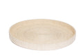 A round woven tray made of natural beige raffia or straw material, photographed on a clean white background.