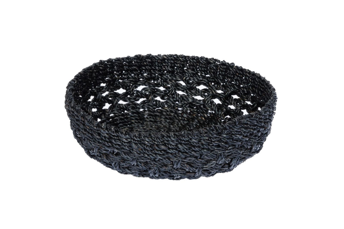 A round, hand-woven black basket with a textured, openwork pattern, shown against a plain white background.